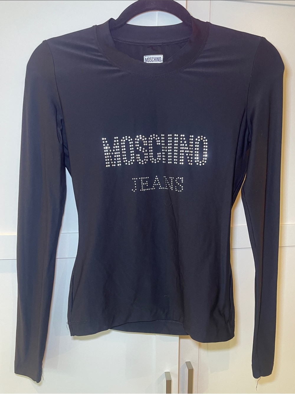 Moschino Jean Black Long-Sleeve Logo Top with Rhinestones